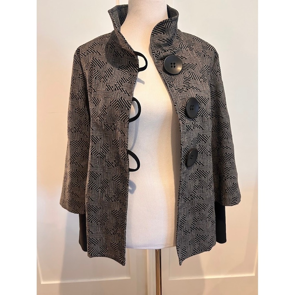 Joseph Ribikoff Grey Black Geometric‎ Jacquard Funnel Neck Swing Jacket Size 12 - Picture 5 of 11